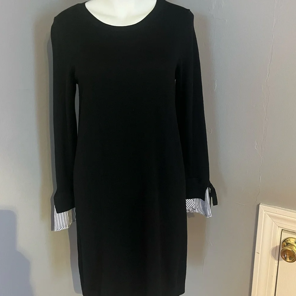 LOFT Black Sheath Dress with Cuffed Long Sleeves - Picture 1 of 3